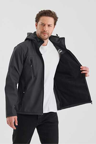 B.HE.Z Men's Softshell Coat - Detachable Zipper, Hood, Fleece and Waterproof, Dark Gray