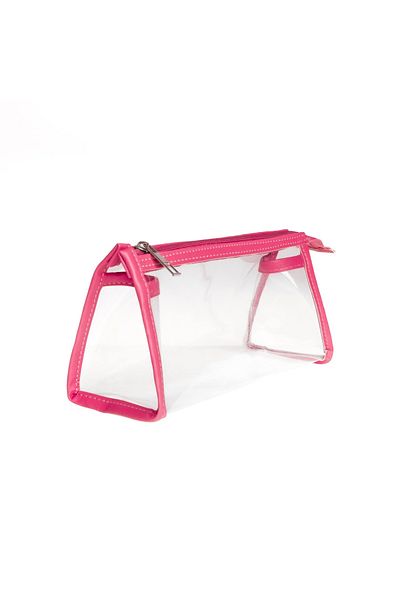 VUKİ Pink Color Triangle Transparent Leather Zippered Pencil Case & Makeup Bag