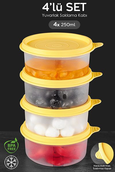 Meleni Home 4-Piece Yellow Round Food Storage Set - Food Organizer Container 4X250Ml