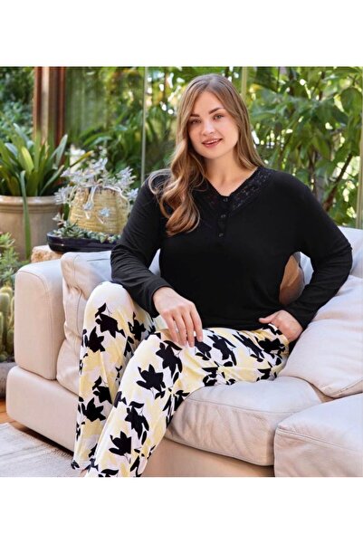 İpek Women's Long Sleeve Plus Size Lace Pajama Set