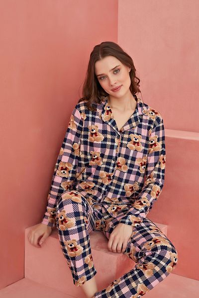 ELİTOL Plaid Bear Patterned Front Buttoned Suede Pajama Set