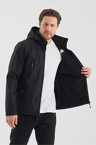 B.HE.Z Waterproof Softshell Men's Coat Black with Removable Zipper Hood Fleece Inside