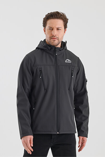 B.HE.Z Men's Softshell Coat - Detachable Zipper, Hood, Fleece and Waterproof, Dark Gray