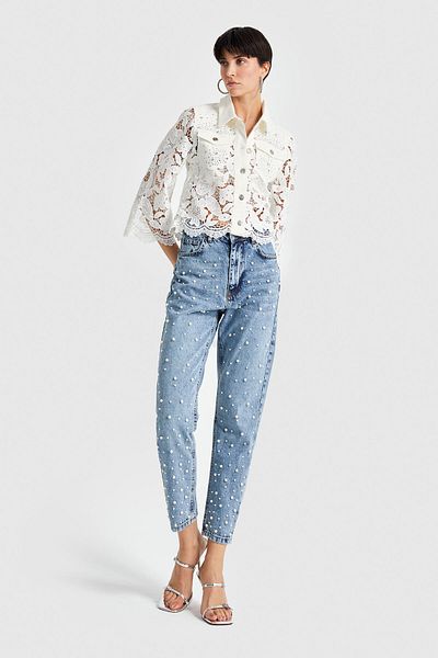 its basic Γυναικείο τζιν χρώμα μπροστά Full Pearl Detailed Mom Fit Denim