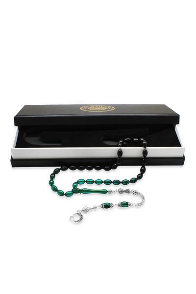 Tesbihane Ayyıldız Metal Tasseled - Barley Cut Filtered Rosary, Turquoise-Black Fire Amber
