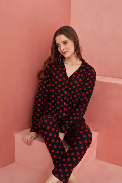 ELİTOL Set pijamale din piele intoarsa cu nasturi frontali cu model negru cu buline