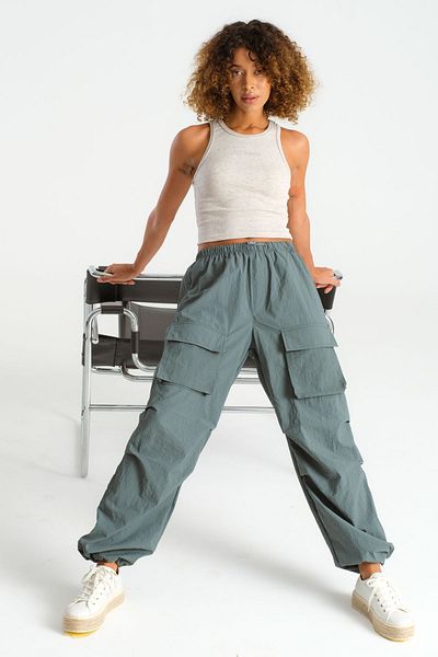 its basic Women's Aqua Green Parachute Fabric Cargo Pocket Jogger Pants