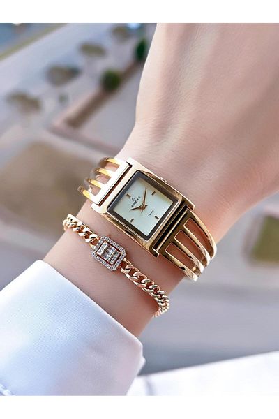Essence سلسلة الأضلاع - طقم ساعة يد نسائية بتصميم كلاسيكي وسوار، فولاذ غير أسود BD1215.110.S