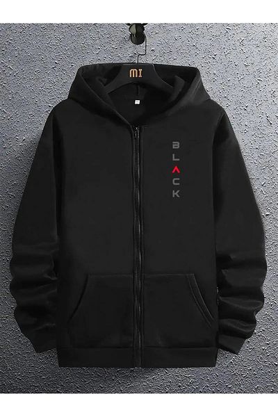pandy Hanorac/cardigan oversize cu glugă și fermoar cu imprimeu negru unisex