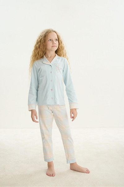 Sevim Girls Blue Pajamas Set - Long Sleeve, Shirt Neck, Front Button C3T5N7O8