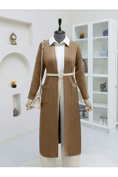 Modamorfo Long Knitwear Cardigan - Pockets and Slits, Mink