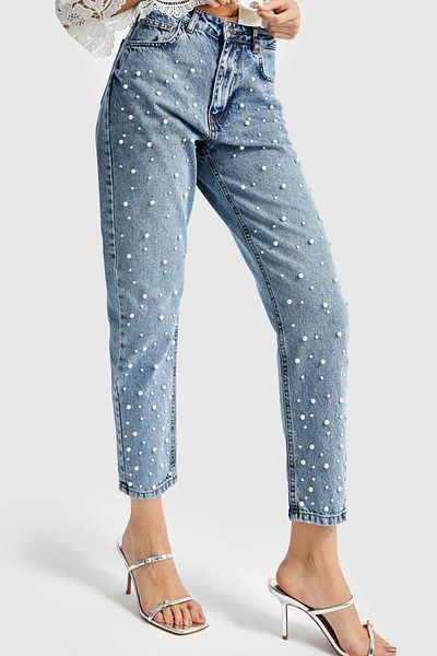 its basic Γυναικείο τζιν χρώμα μπροστά Full Pearl Detailed Mom Fit Denim