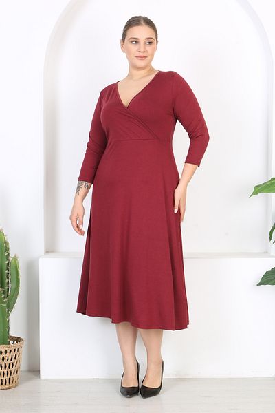 Madwilo Women's Burgundy Maxi Length Double Breasted Neckline Three Quarter Sleeve Plus Size Dress
