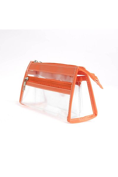 VUKİ Orange Colored 3-Pocket Triangle Clear Leather Pencil Case & Makeup Bag