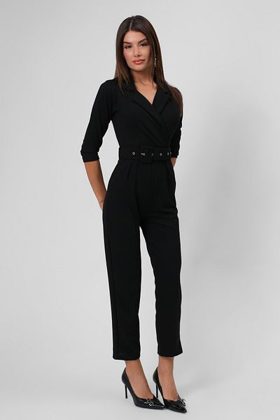 bayansepeti Women's Black Belt Detailed Flexible Diver Fabric Evening Dress Jumpsuit 32044