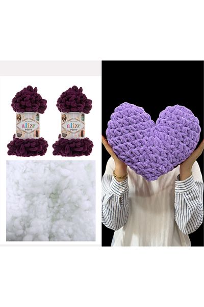 Alize 2 Puffy Heart Pillows - 111 Purple and 200 Gr. Bead Fiber Set