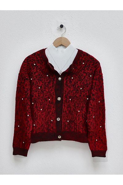 Modamorfo Metal Buttoned Stone Detailed Soft Cardigan -Red