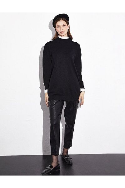 Kayra Black Pleated Sleeve Knitwear Tunic