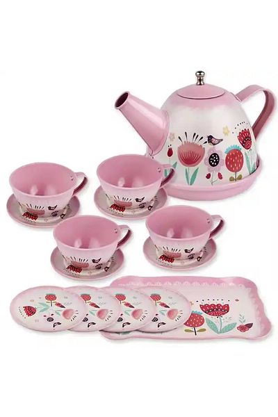 NillyToys Pink Patterned Toy Metal Tea Cup Set with Teapot and Tray