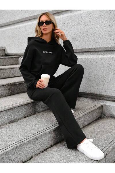 Mood Lab Γυναικείο φούτερ με κουκούλα Crop - Σετ φούτερ με φαρδιά πόδια