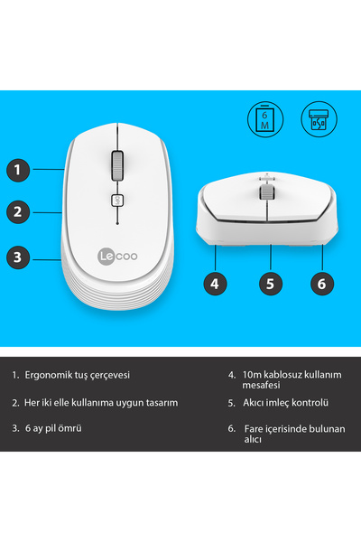 Lecoo Ws202 Kablosuz 1200dpı 4 Tuşlu Pc, Mac, Dizüstü Bilgisayar Ile Uyumlu Optik Mouse Beyaz
