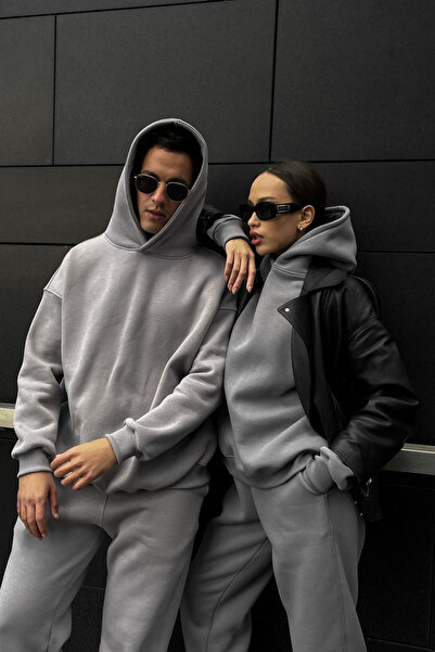 GUARAZ Унисекс сив суичър с качулка от поларен полар