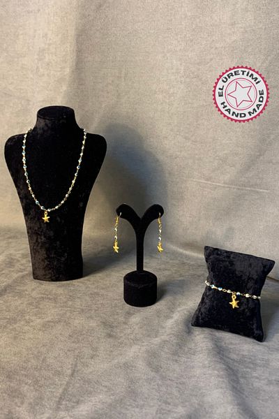 Uretti Tuğba 9352 - 3 Piece Handmade Evil Eye Bead Necklace Set - Bracelet & Earring