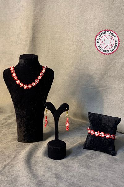 Uretti Tuğba 9352 - 3 Piece Sand Beads Necklace Set: Handmade Bracelet & Earring