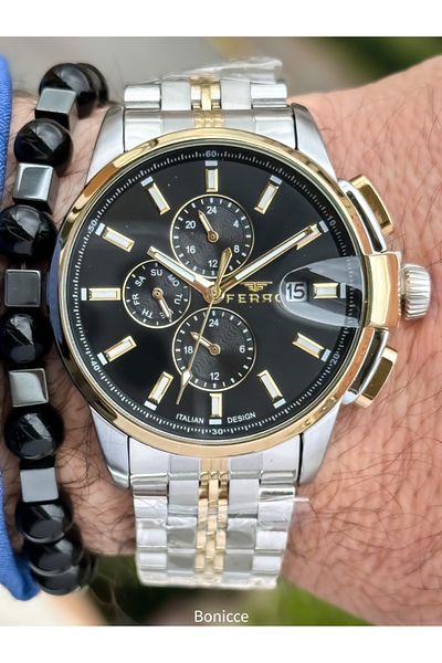 FERRO Brand Functions Active Steel Band, Silver Color, Black Dial Calendar Men's Wrist Watch+Bracelet