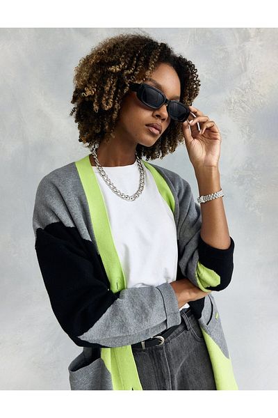 Kayra Gray Knitwear Cardigan - Off Shoulder and Button Detail