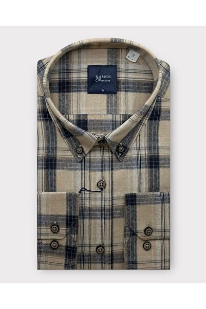 KAMER ERKEK KIŞLIK REGULAR FIT UZUN KOL DÜĞMELİ YAKA ÇİFT ÇEP EKOSE BEJ GÖMLE...
