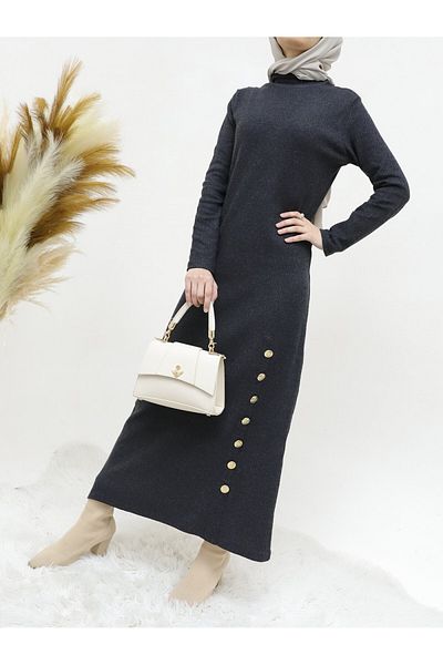Modamorfo Kleid mit halbhohem Saum und Knopfdetail – Anthrazit