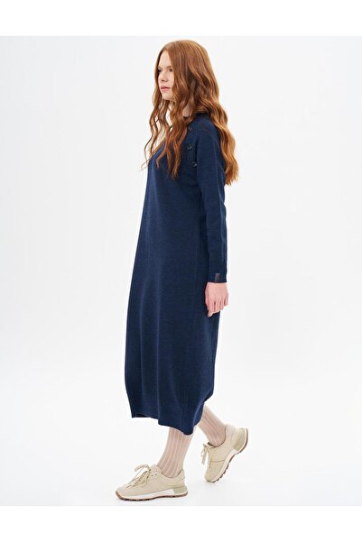 Kayra Düğmeli Yarım Balıkçı Yaka Triko Elbise Lacivert