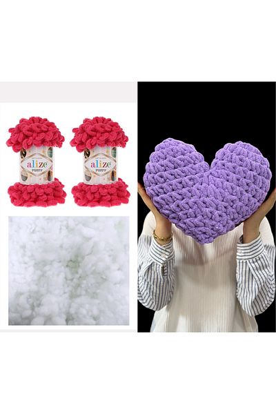 Alize Σετ μαξιλαριών Puffy Heart 2 τεμαχίων 149 cm φούξια και 200 g χάντρες ίνες