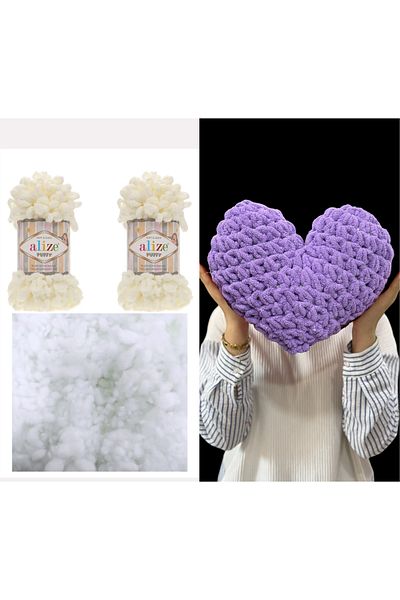 Alize 2 Μαξιλάρια Puffy Heart - 62 Κρέμα και 200 γρ. Σετ ινών με χάντρες