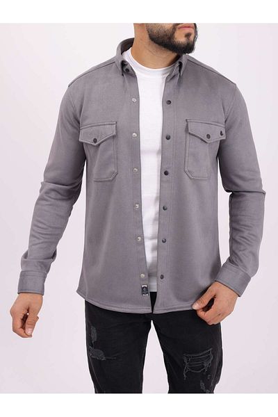 cliento Men's Gray Regular Fit Seasonal Suede Nubuck Shirt with Pockets