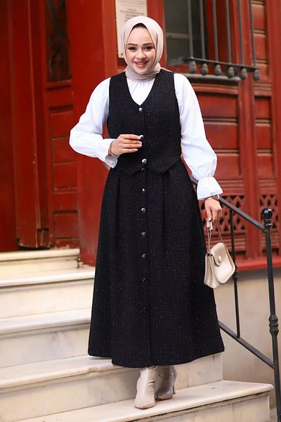 Tesettür Diyarı Women's Three Button Vest Tweed Hijab Suit