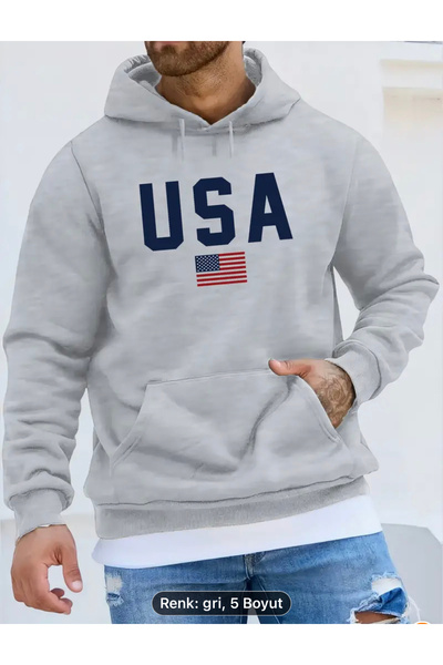 NEW TRENDY COLLECTİON Men's Hooded Sweatshirt - Comfortable, "American flag" Printed