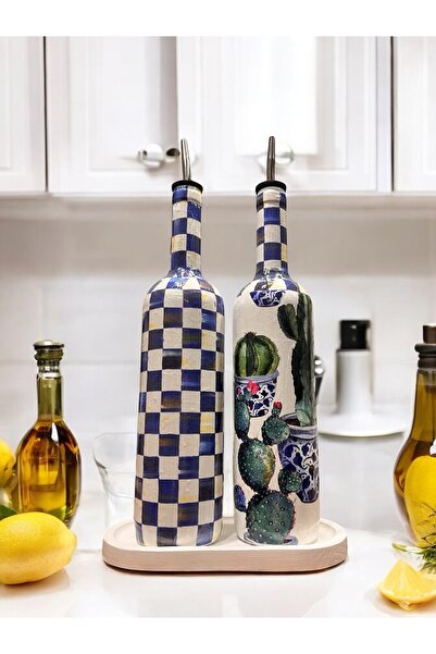 Mes Reves Mavi Kareli ve Kaktüs Desenli Özel Tasarım Yağdanlık-Sirkelik-Soslu...