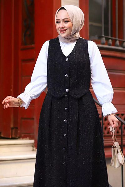 Tesettür Diyarı Women's Three Button Vest Tweed Hijab Suit