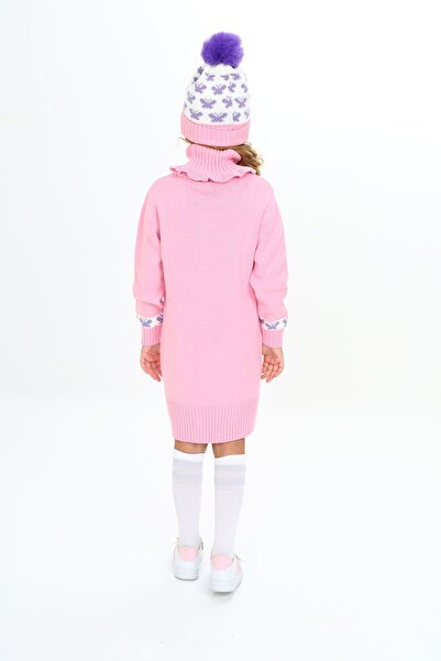 Sevimli Kız Çocuk Kışlık Elbise Kelebek Işlemeli Bere Ve Boyunluklu 3'lü Takım