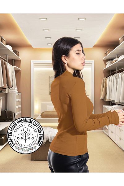 ALYA UNDERWEAR Φούτερ από βαμβακερό μισό λαιμό καμιζόλ, ύφασμα με ραβδώσεις Lycra μπλούζα καφέ Badi