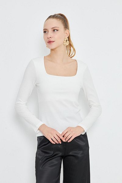 AMİDA Women's White Square Neck Long Sleeve Ribbed Blouse - 2464