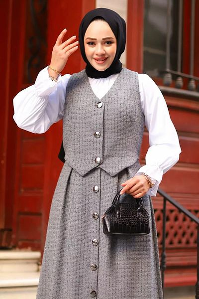 Tesettür Diyarı Women's Three Button Vest Tweed Hijab Suit