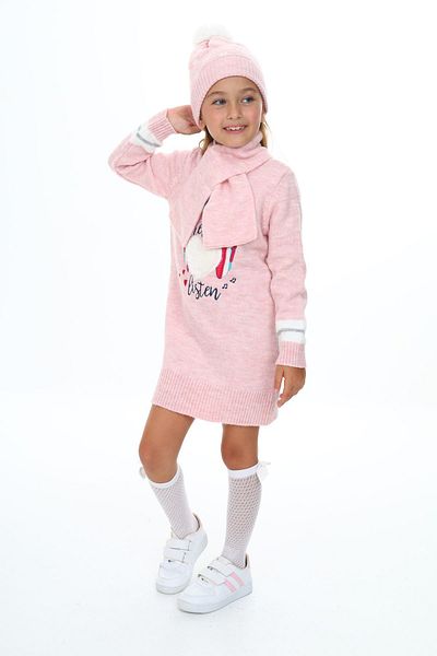 Sevimli Girl's Winter Dress Heart over Earmuff Embroidered Beret and Scarf Set of 3