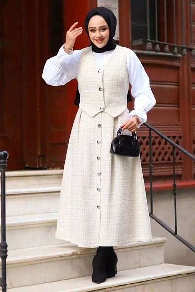 Tesettür Diyarı Women's Three Button Vest Tweed Hijab Suit