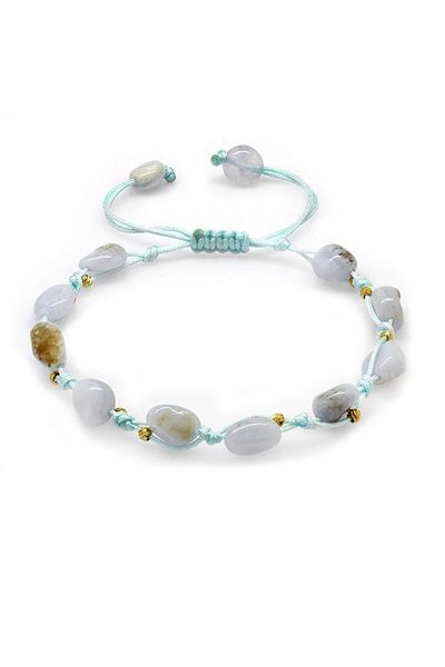 Tesbihane Macrame Braided Natural Cut Dorica Ball Detailed Chalcedony Natural Stone Women's Bracelet