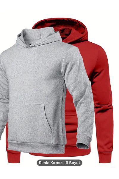 NEW TRENDY COLLECTİON Red-Gray 2-Piece Top Quality Kangaroo Pocket 3 Yarn Raised Lace-Up Sweatshirt