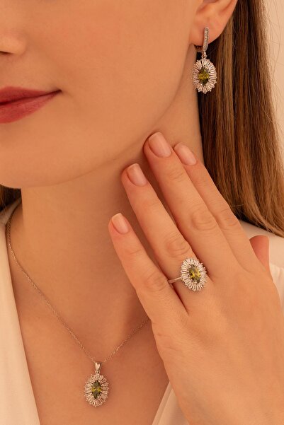 OSMANLI GÜMÜŞ Kadın Gümüş Set - Mekik Model Haki Zirkon Taşlı Baget Süslemeli...