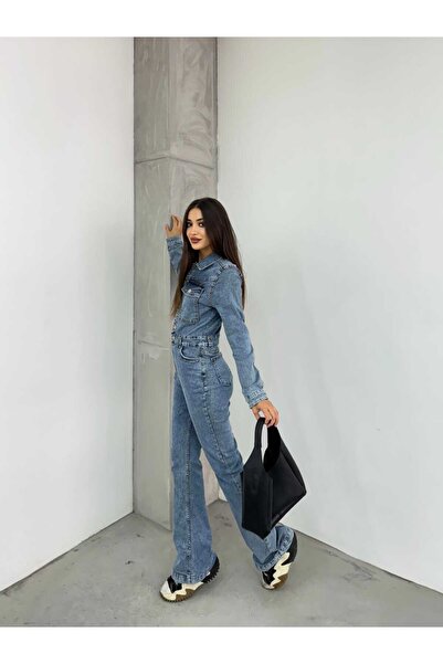 SHEVEGA Kadın Mavi Ispanyol Paça Ceketli Denim Tulum